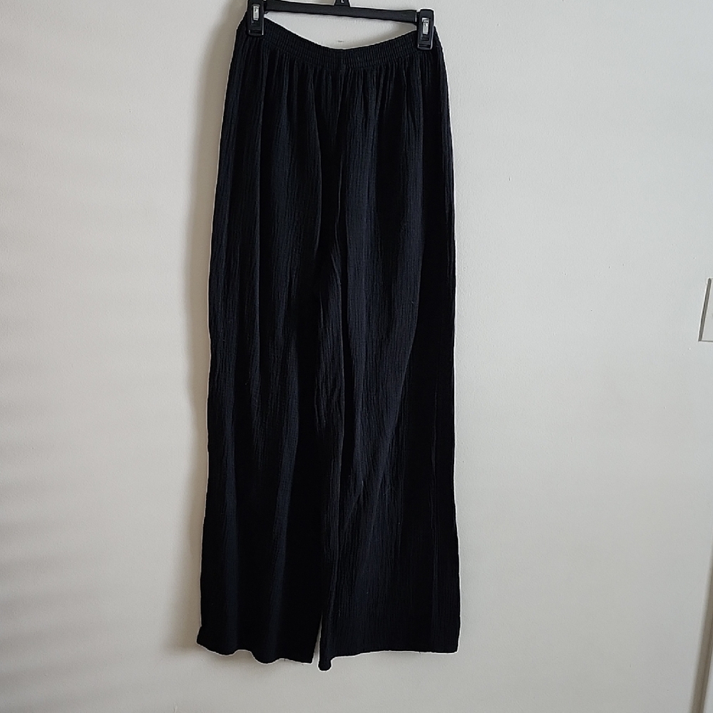 PrettyLittleThing Black Slub Cotton Guaze Wide Leg Pants Elastic Waist High Rise